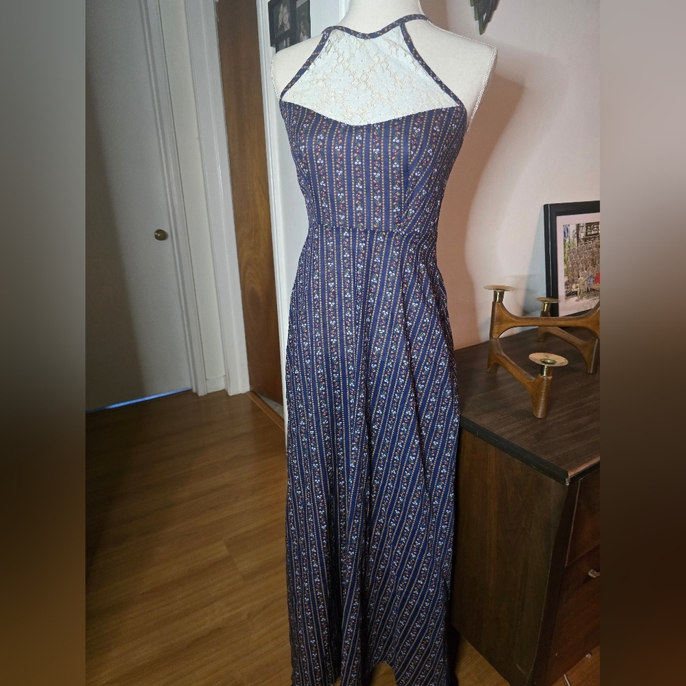 Oops California Vintage Halter Style Blue Floral Patterned Halter Dress Medium